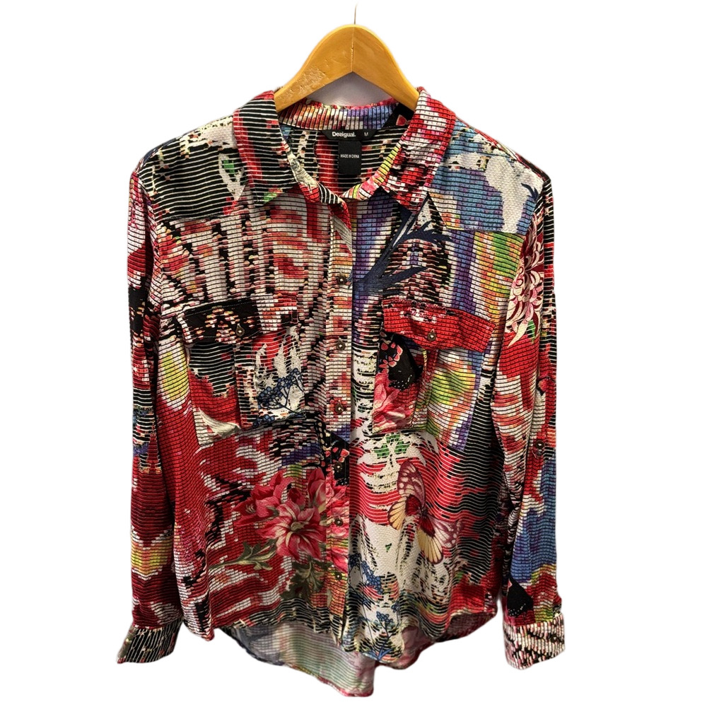 Desigual Overprinted Long Sleeve Button Down High-Low Shirt Blouse M Artsy Boho - Picture 3 of 8